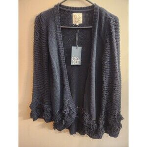 Chaser Open Front Sweater Fringe Trim Cardigan Textured Knit Black Size M NWT